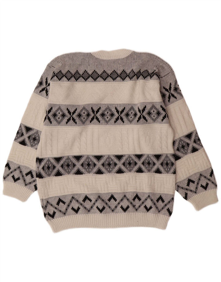 VINTAGE Pull à col rond pour homme Large Blanc Fair Isle