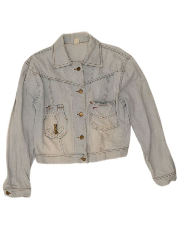 vintage Womens Crop Graphic Denim Jacket UK 10 Petit coton bleu
