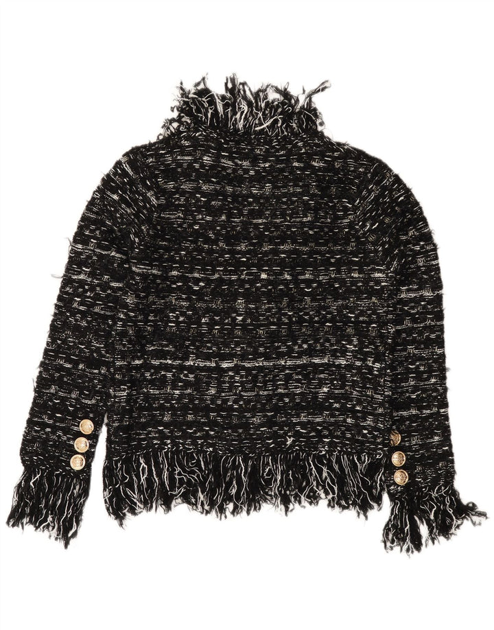 VINTAGE Femme Cardigan Pull UK 10 Petit Acrylique Rayé Noir