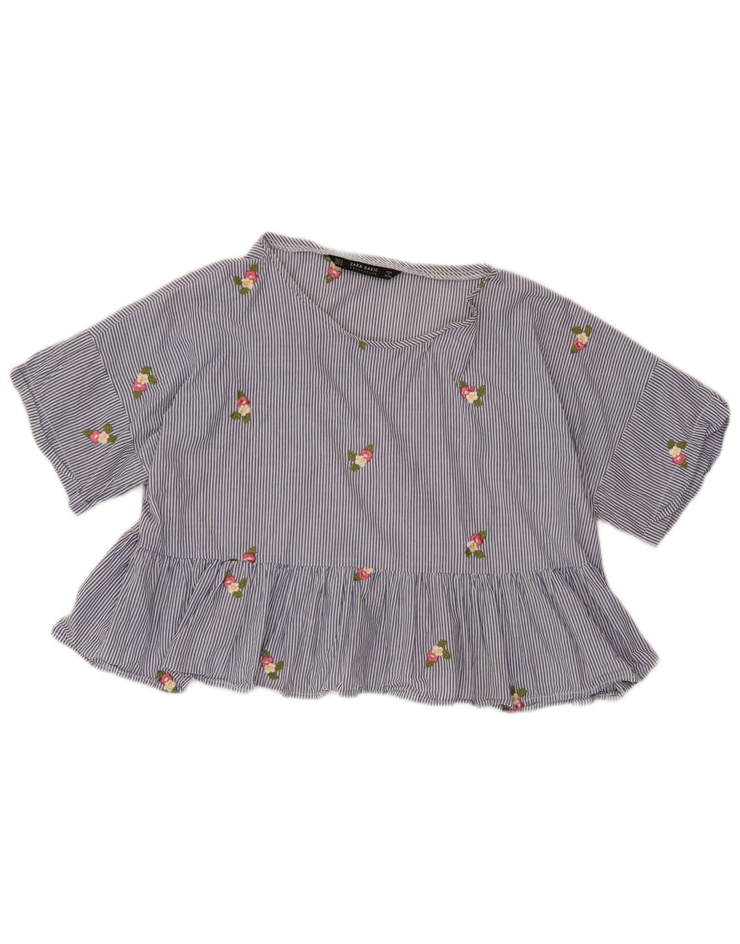 ZARA Womens Crop Blouse Top UK 14 Bleu moyen à fines rayures