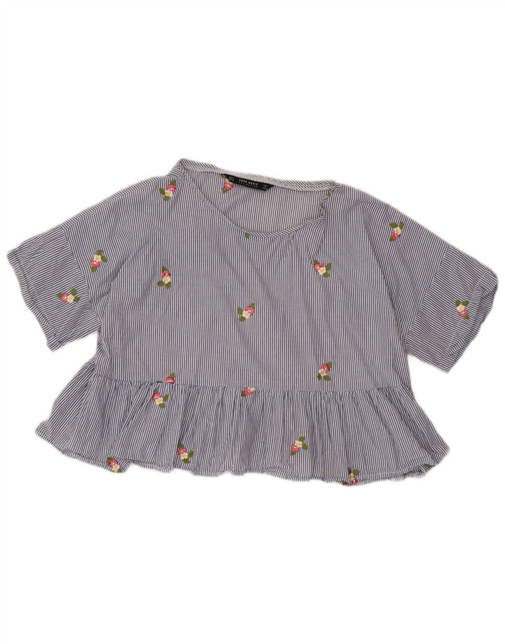 ZARA Womens Crop Blouse Top UK 14 Bleu moyen à fines rayures