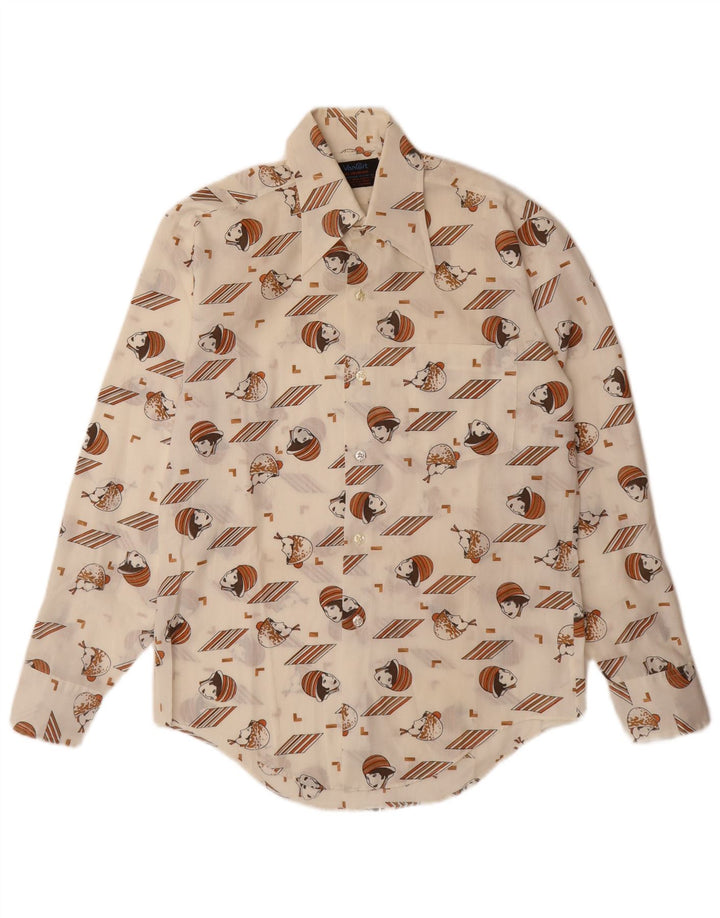 VINTAGE Chemise à motif abstrait pour hommes Taille 14 14 1/2 Petit Blanc Cassé