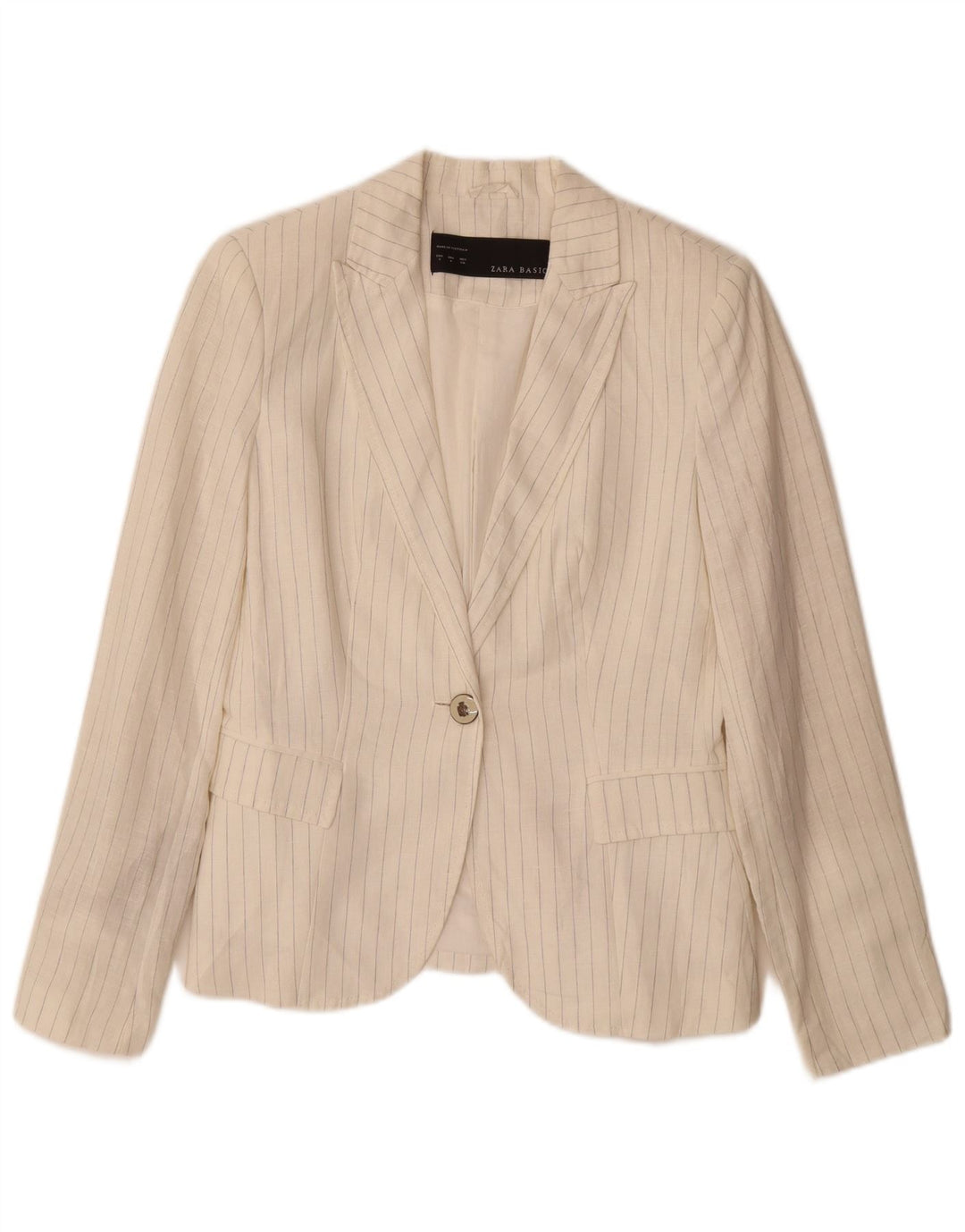 ZARA Femme 1 Bouton Blazer Veste UK 10 Petit Lin Rayé Blanc Cassé