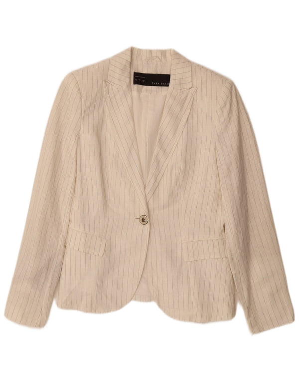ZARA Womens 1 Button Blazer Jacket UK 10 Small Off White Striped Linen