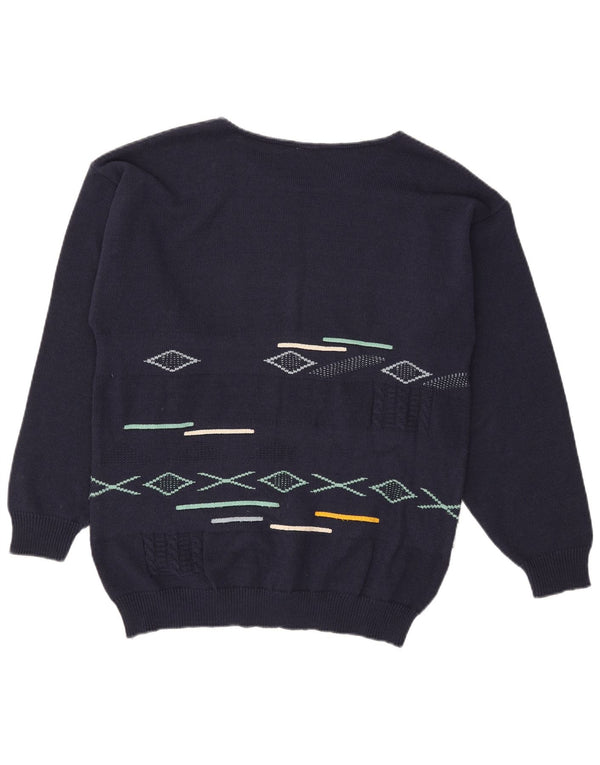 vintage Mens Boat Neck Jumper Pull Moyen Bleu Marine Géométrique Coton