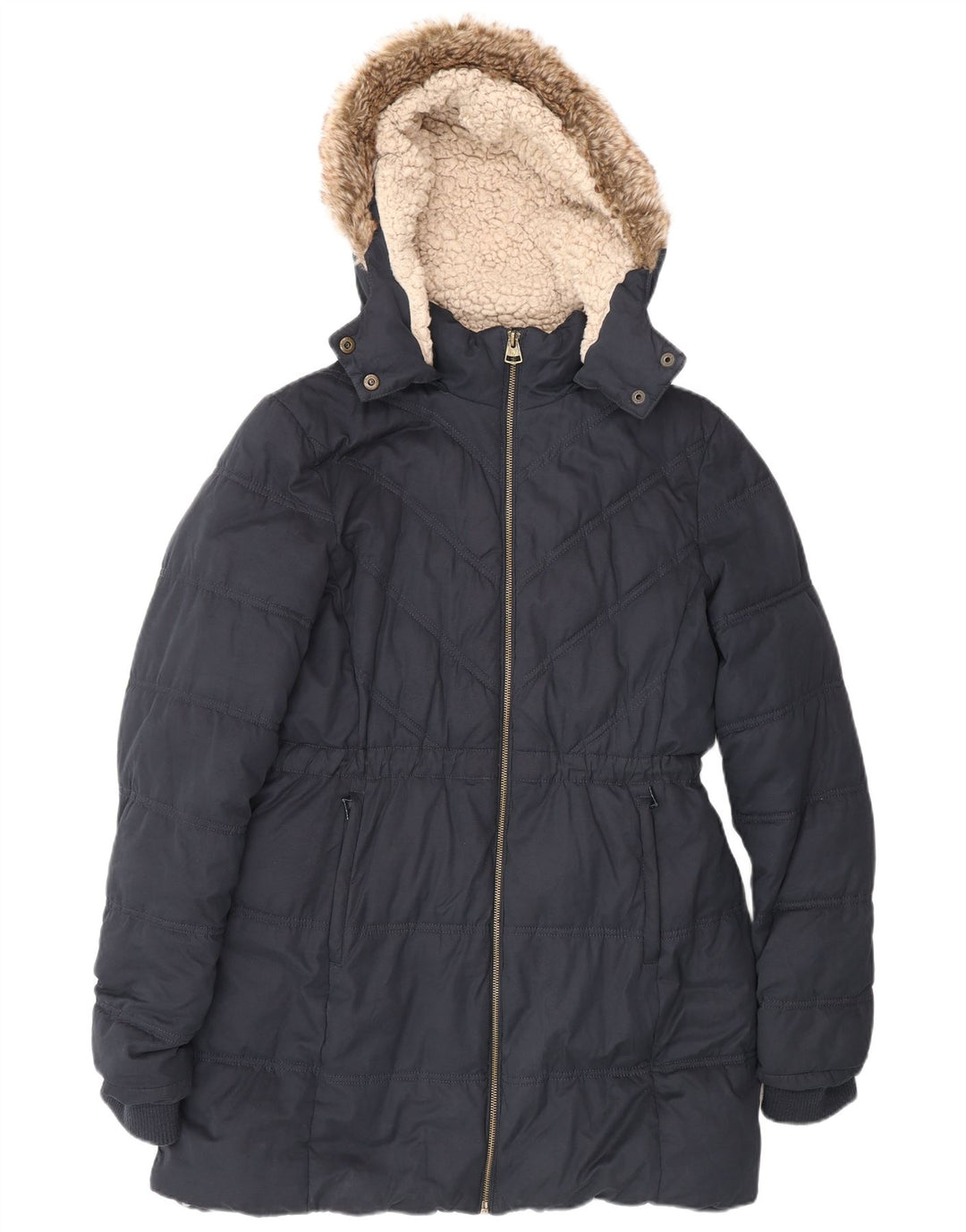 Fat Face Manteau rembourré Sherpa à capuche pour femme UK 12 Bleu marine moyen Polyester
