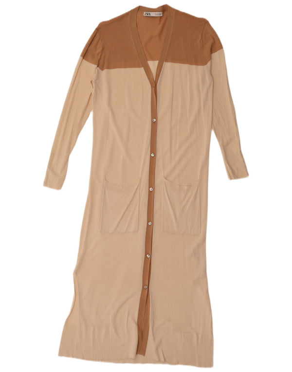 Zara Womens Longline Cardigan Sweater UK 10 Petit Beige Colorblock