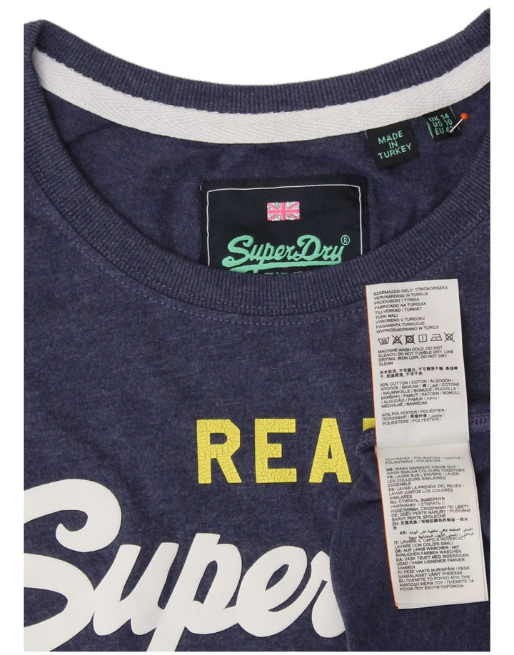 SUPERDRY T-Shirt Graphique Femme UK 14 Large Bleu Marine Coton