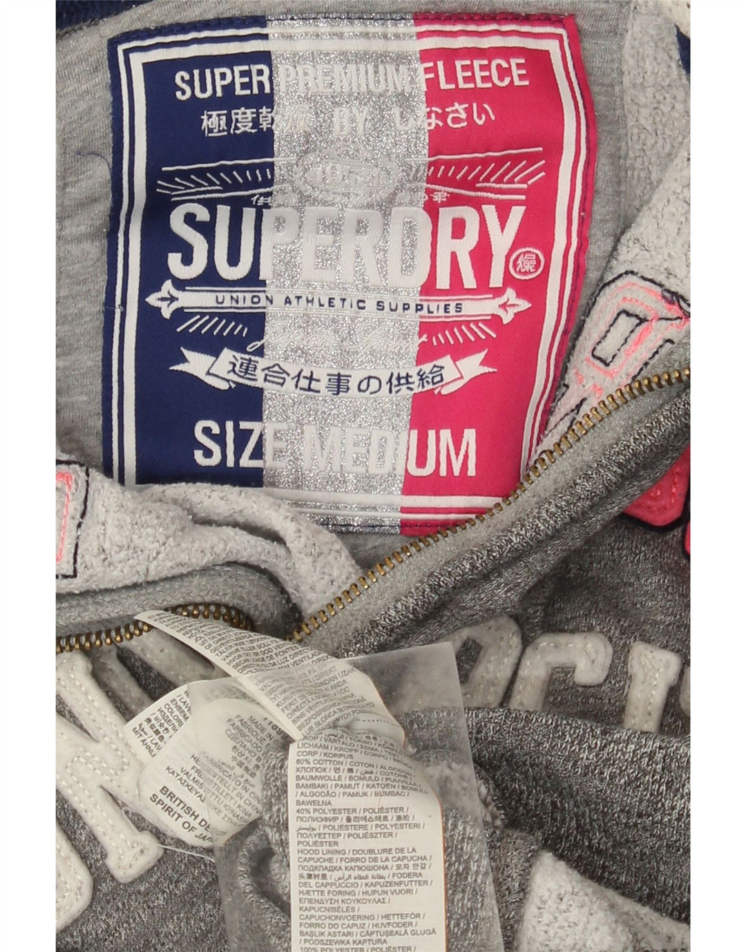 SUPERDRY Pull à capuche zippé graphique pour femme UK 14 Gris moyen Coton