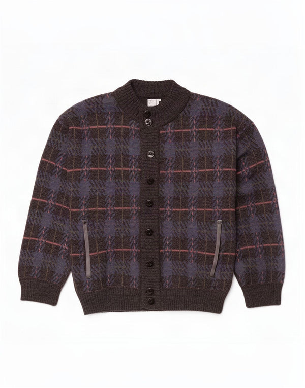 vintage Mens Cardigan Sweater IT 52 Grand Bleu Marine Plaid Acrylique
