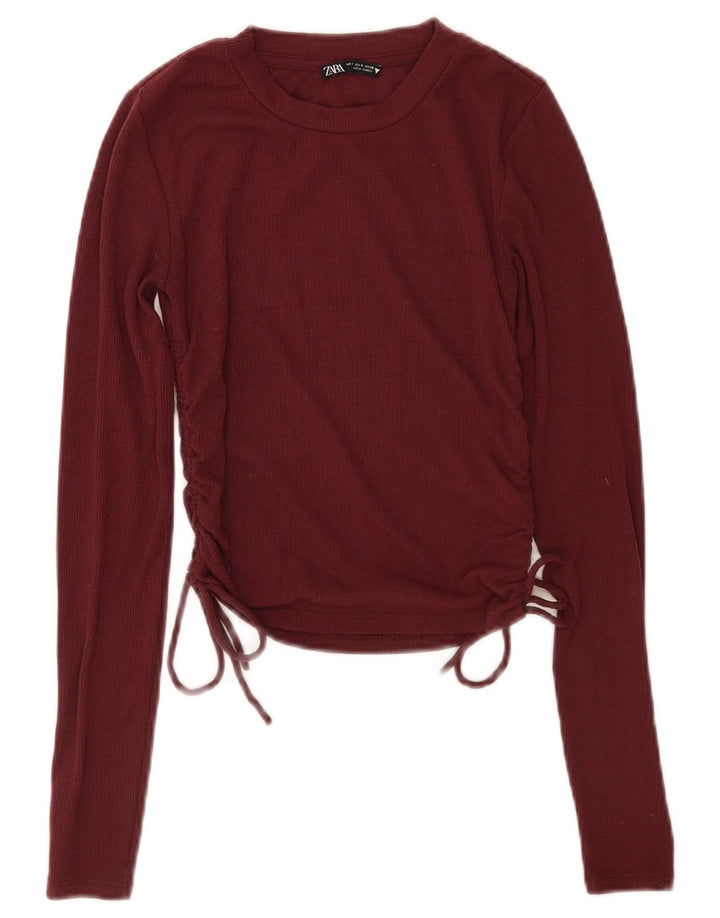 Zara Femme Crop Top Manches Longues UK 10 Petit Bordeaux Polyester