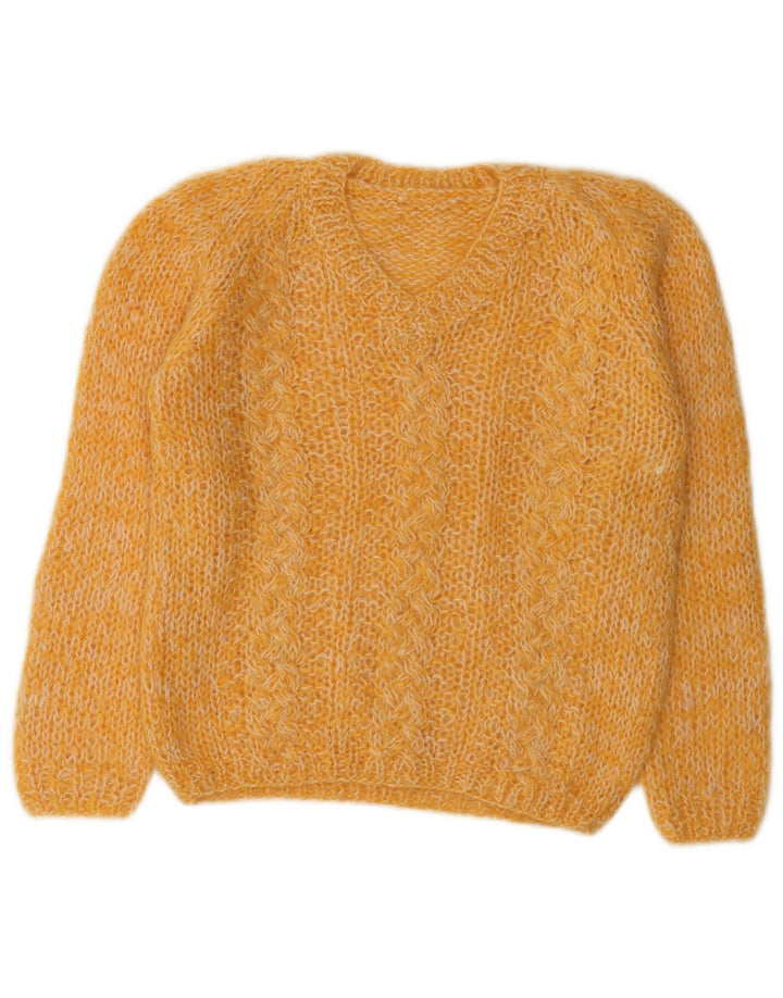 vintage Femme V-Col Jumper Pull UK 14 Jaune Moyen