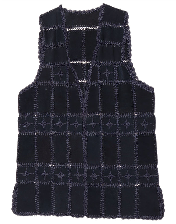 vintage Femme Daim Gilet UK 14 Moyen Bleu Marine Patchwork