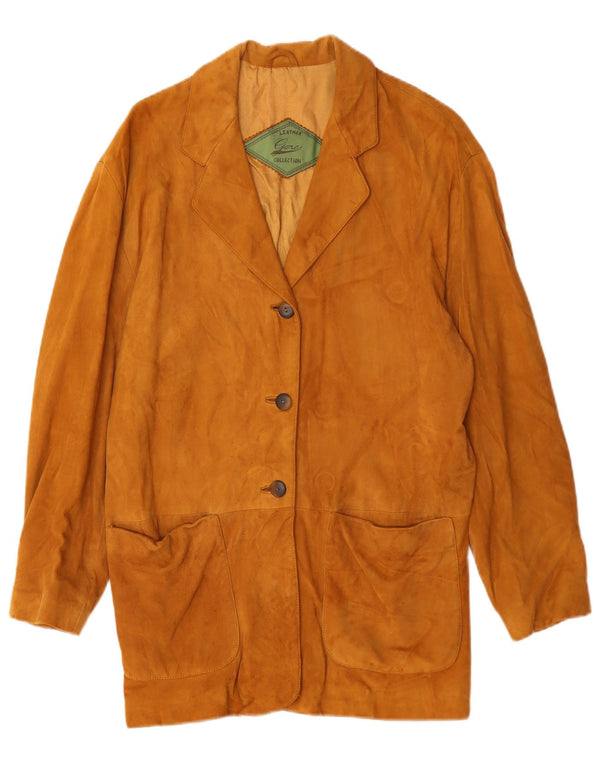 vintage Femme 3 Boutons Veste Blazer En Cuir UK 14 Cuir Brun Moyen