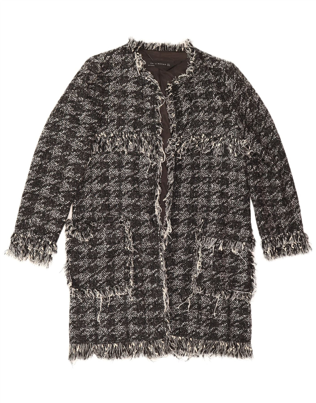 Zara Womens Open Overcoat UK 10 Petit coton pied-de-poule noir