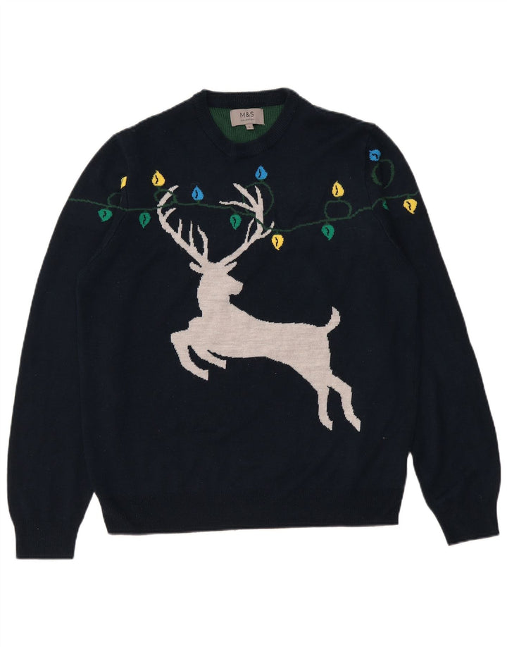 Marks & Spencer Pull graphique à col rond pour homme, grand bleu marine