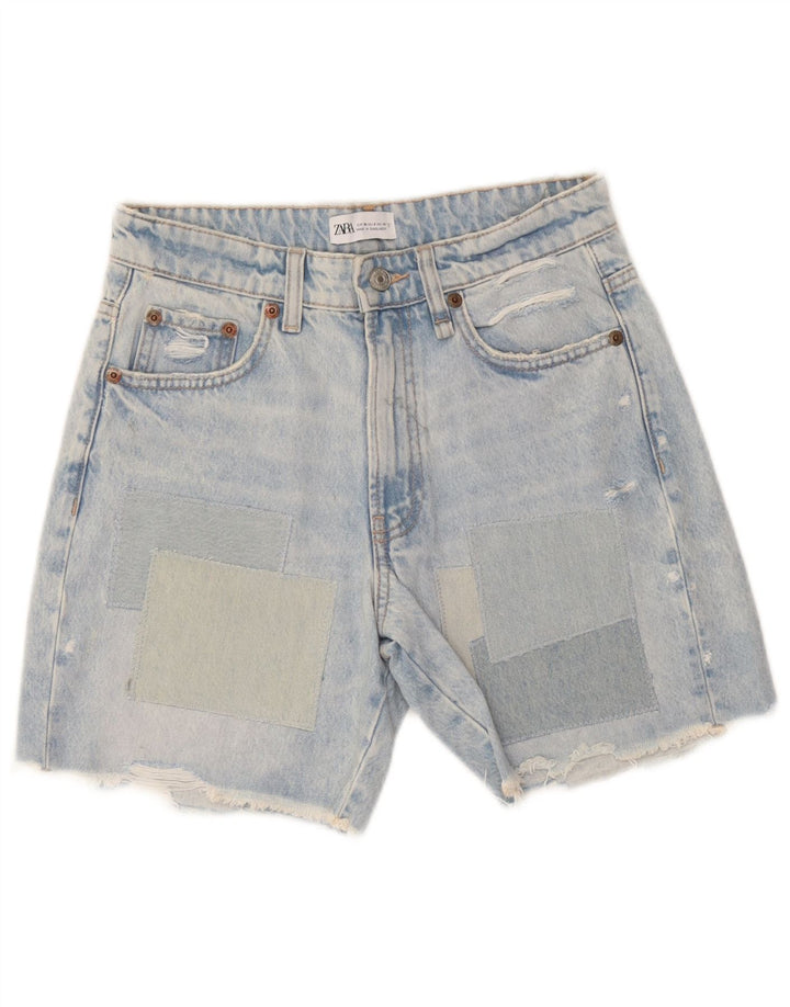 Zara Short en jean vieilli pour femme EU 36 XS W26 Bleu Patchwork Coton