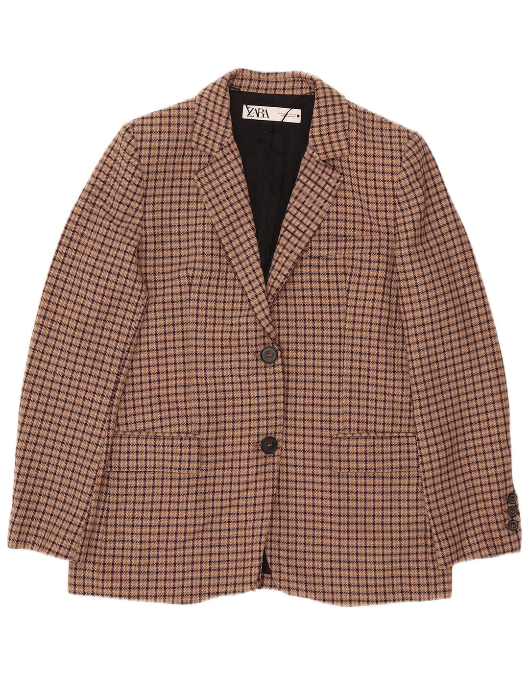 ZARA Veste blazer à 2 boutons pour femme UK 14 en viscose à carreaux marron moyen
