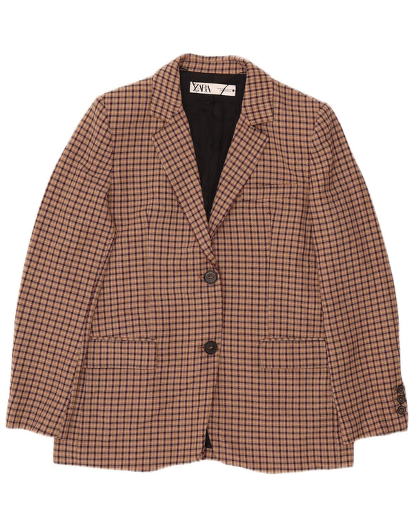 ZARA Veste blazer à 2 boutons pour femme UK 14 en viscose à carreaux marron moyen