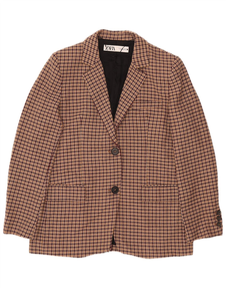 ZARA Veste blazer à 2 boutons pour femme UK 14 en viscose à carreaux marron moyen
