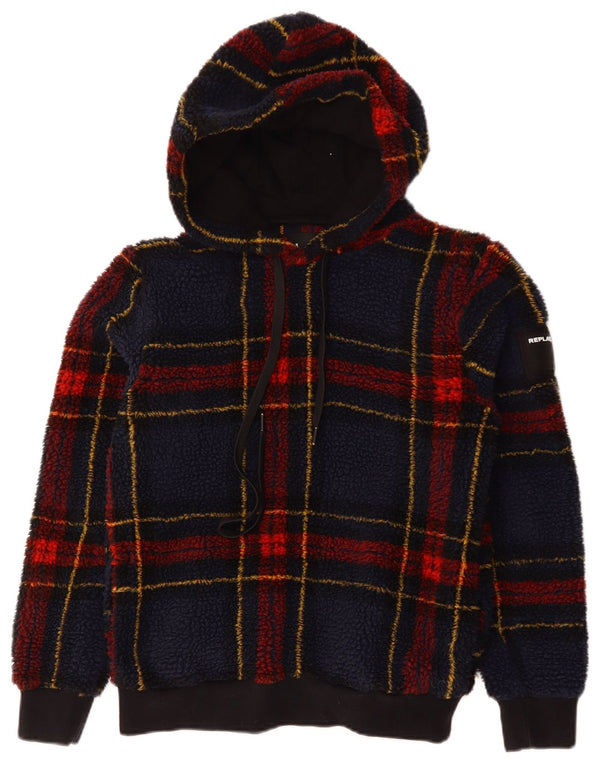 Replay Womens Hooded Fleece Jumper UK 12 Medium Navy Blue Plaid Polyester