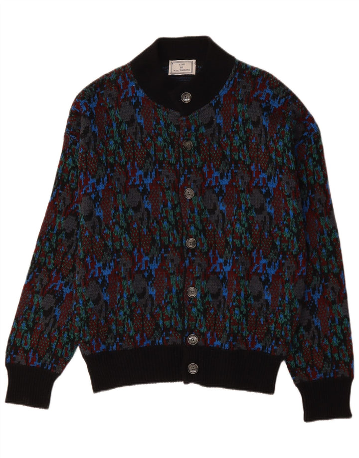 vintage Mens Abstract Pattern Cardigan Sweater Moyenne Laine Multicolore