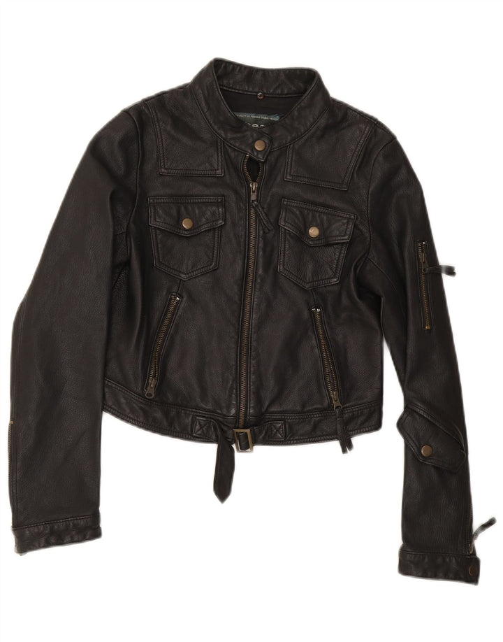 Veste en cuir Biker femme vintage UK 12 Noir Moyen