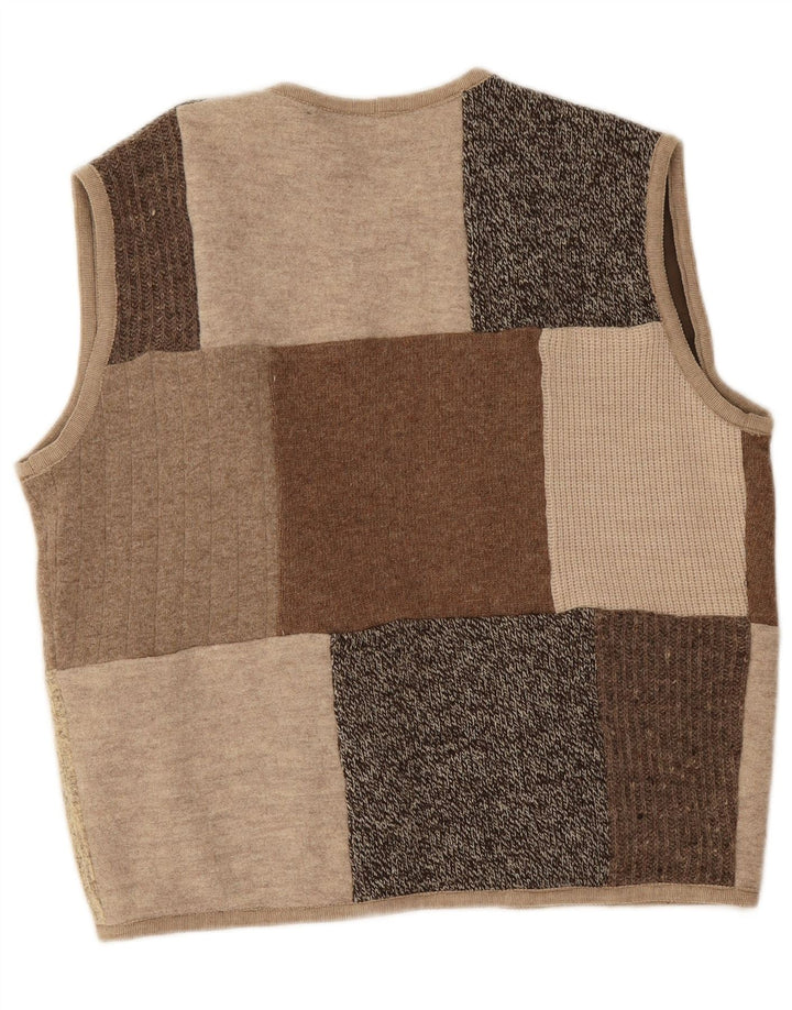 vintage Femmes Sans Manches Ouvert Cardigan Pull UK 16 Grand Beige Patchwork