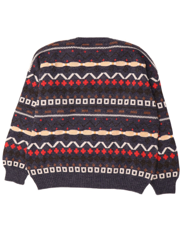 vintage Mens V-Col Jumper Pull XL Bleu Marine Géométrique Laine