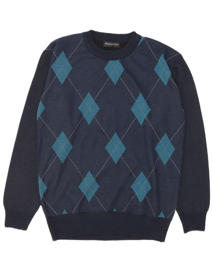 vintage Mens Crew Neck Jumper Pull Grand Bleu Marine Argyle/Diamond Laine
