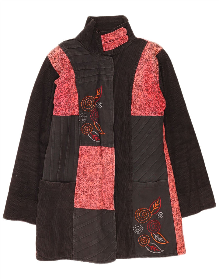 vintage Womens Overcoat UK 12 Moyen Noir Patchwork Coton