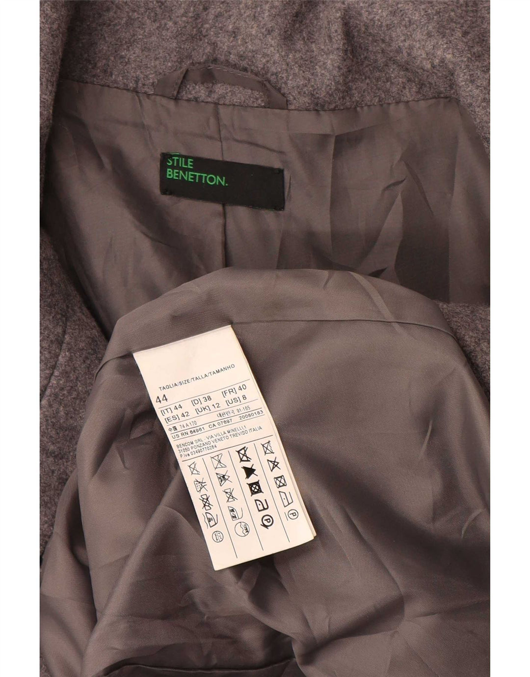 Benetton Pardessus Femme UK 12 Laine Gris Moyen