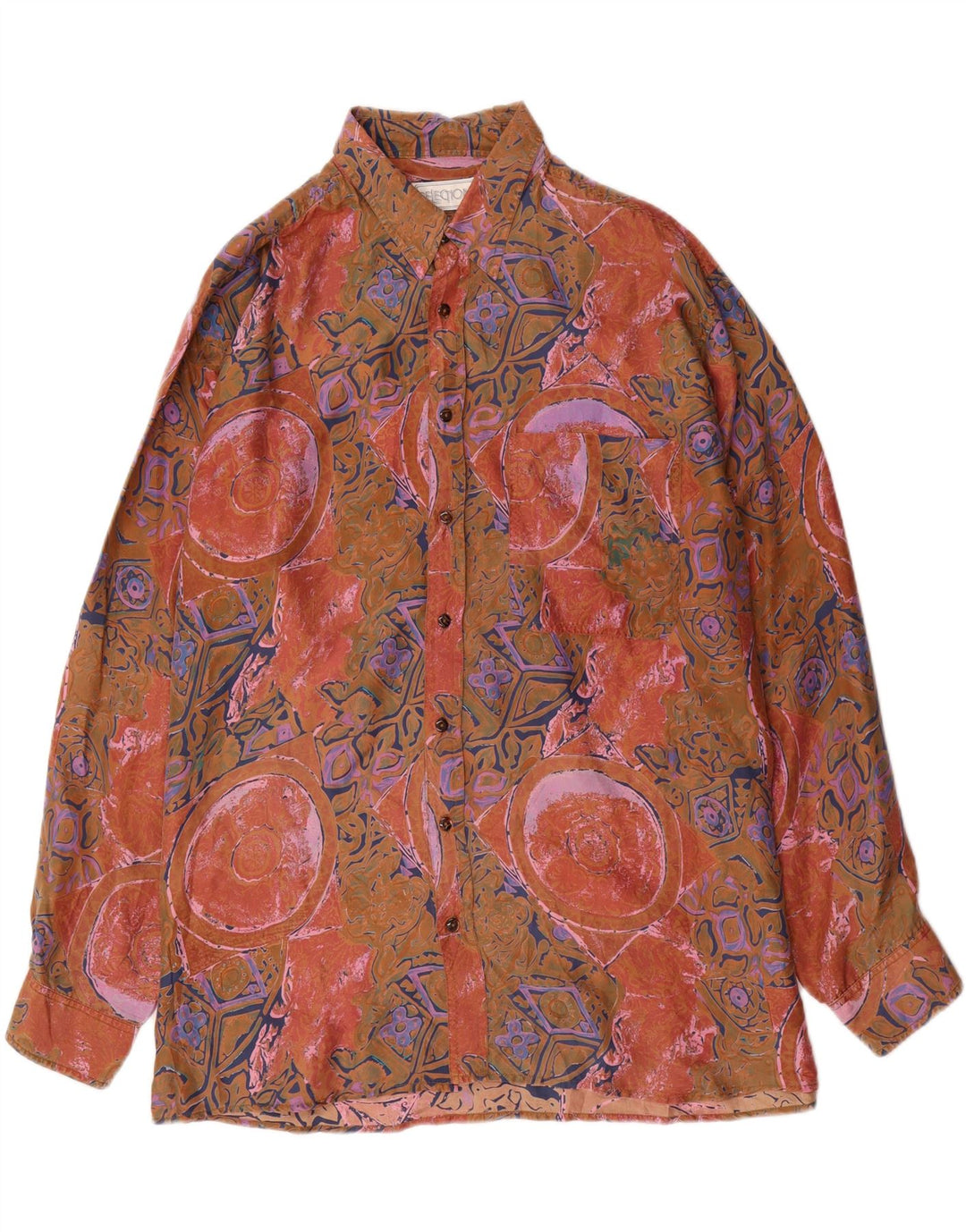 Chemise à motif abstrait vintage pour hommes XL Soie orange