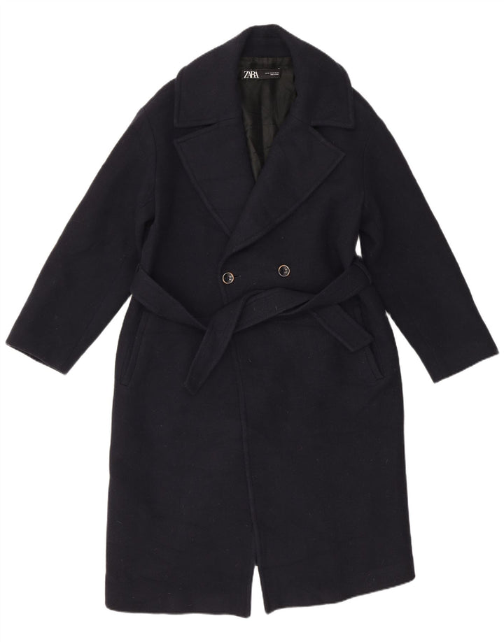 Zara Womens Double Breasted Coat UK 6 XS Bleu Marine Laine