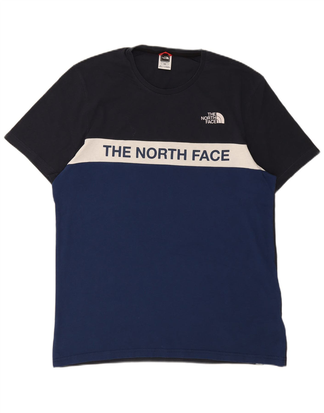 THE NORTH FACE Mens Graphic T-Shirt Top Medium Navy Blue Colourblock