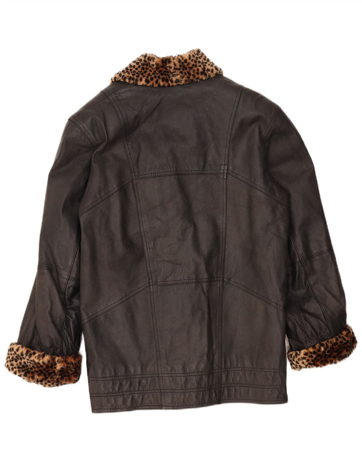 VINTAGE Femmes Manteau en cuir surdimensionné UK 10 Petit imprimé animal noir