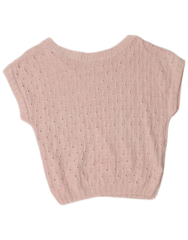 vintage Womens Crop Short Sleeve Boat Neck Jumper Pull UK 12 Rose Moyen
