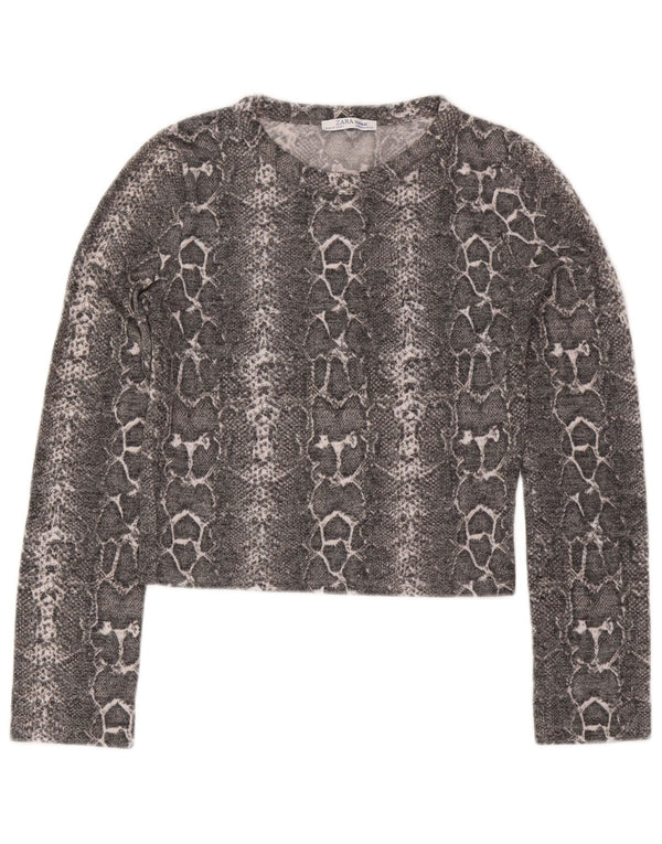 Zara Femme Trafaluc Crop Top Manches Longues UK 12 Gris Moyen Imprimé Animal