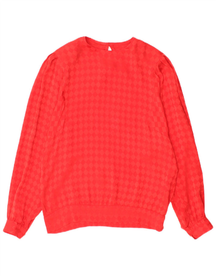 vintage Femme Manches Longues Blouse Top UK 12 Moyen Rouge Argyle/Diamant