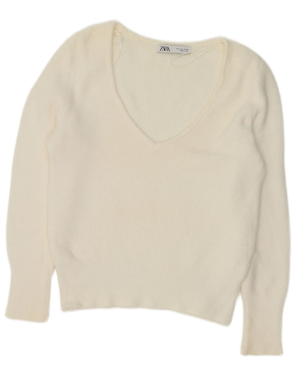 Zara Pull col V pour femme UK 16 Large Blanc