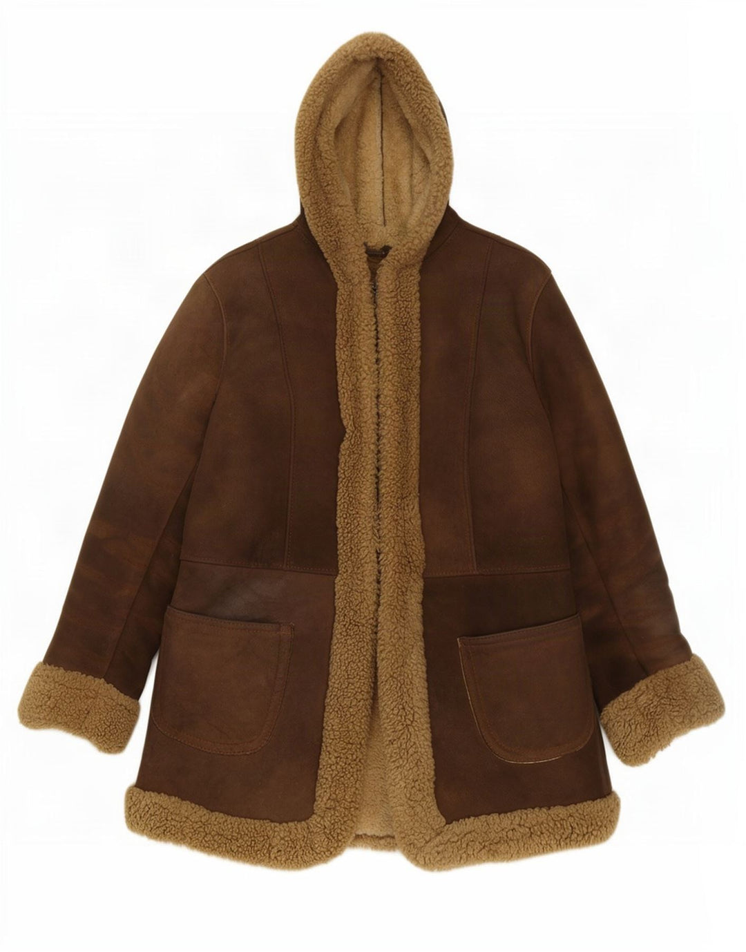 veste en peau de mouton à capuchon femme vintage UK 10 Petit cuir brun