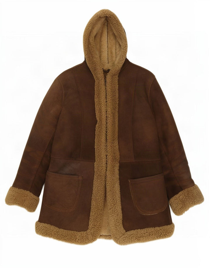 veste en peau de mouton à capuchon femme vintage UK 10 Petit cuir brun