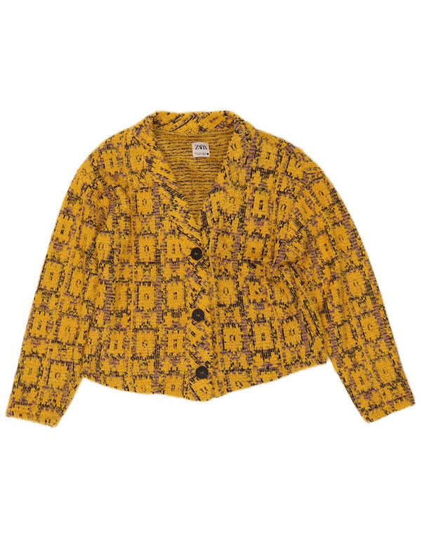 ZARA Womens Oversize Crop Cardigan Sweater UK 10 Petit Jaune Géométrique