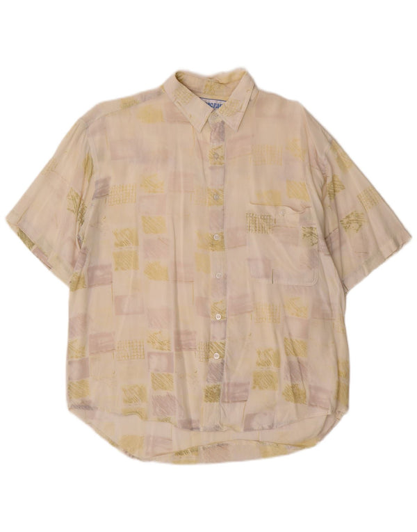 vintage Mens Short Sleeve Shirt Taille 41 Grande Viscose Géométrique Blanc Cassé
