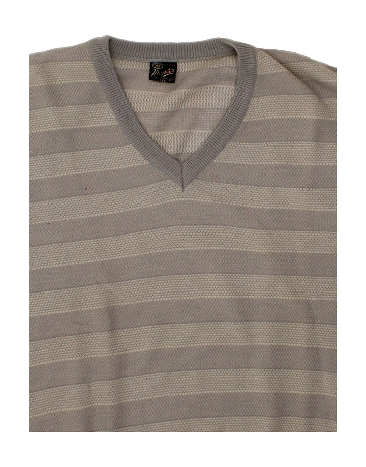 MAPIER Mens V-Neck Jumper Sweater XL Grey Striped Vintage Mapier and Second-Hand Mapier from Messina Hembry 