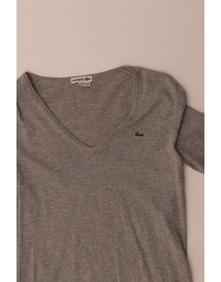 Lacoste Femme Col V Pull Pull Taille 36 Petit Gris Moucheté Coton