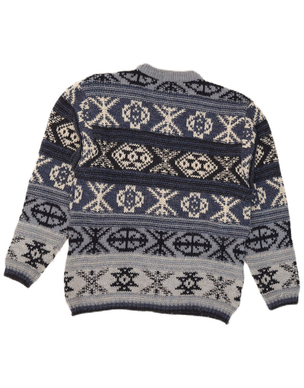 vintage Mens Crew Neck Jumper Pull IT 48 Bleu Moyen Fair Isle Laine