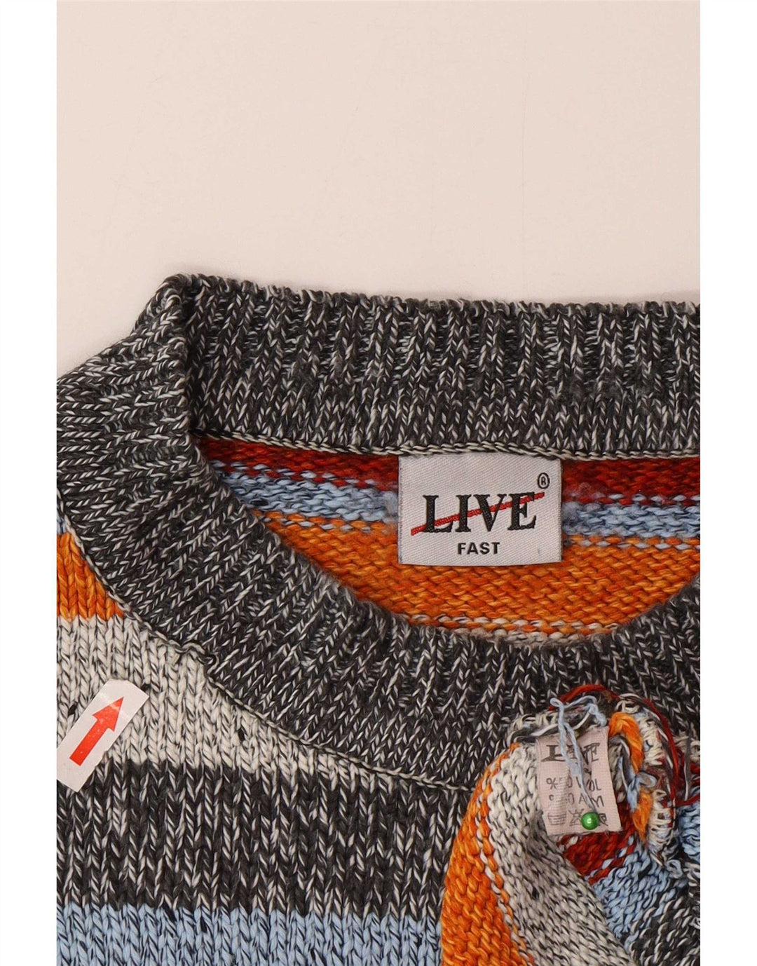 vintage Mens Crew Neck Jumper Pull Grande laine rayée multicolore