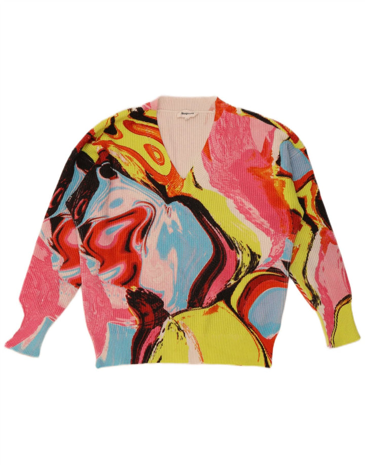 Desigual Femme Pull Col V UK 14 Moyen Multicolore