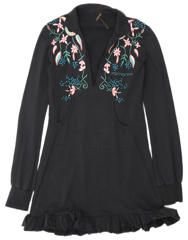 Fornarina Robe basique à manches longues pour femme UK 42 en coton floral noir moyen
